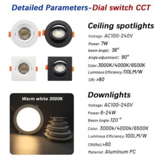 10pcs CCT Spot Downlight Recessed LED Ceiling Light 3 Color Adjusted AC100-240V Dial Swich 3000K/4000K/6500K Indoor Lighting AC100-240V